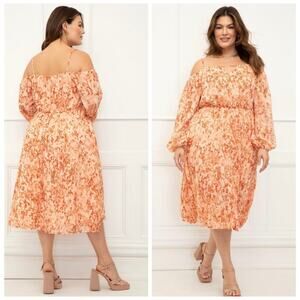 ELOQUII Pleated Off The Shoulder Midi Dress Crinkle Chiffon Long Sleeve NWT 16W